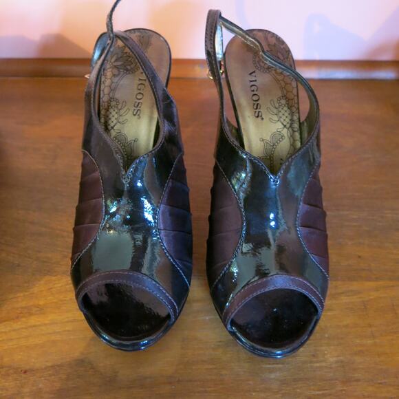 VIGOSS Heels Peep Toe Sling Back Shoes Size 9M Fabric/Patent Leather Brown - Picture 2 of 7